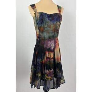 Elana Kattan Mesh Midi Dress Dark Romantic Tull Fit Flare Watercolor Art Size M